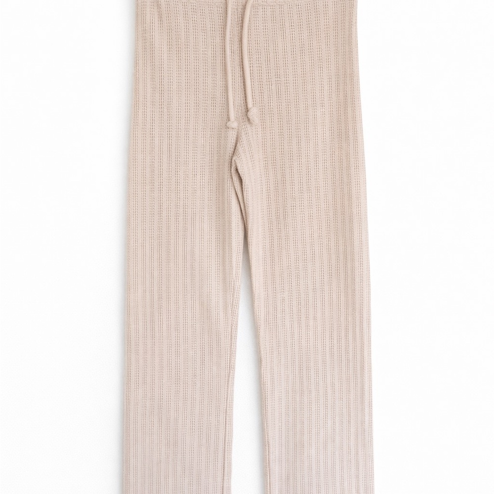 Beige Waffle Knit Lounge Pants Drawstring Cozy Neutral Wide Leg US 4